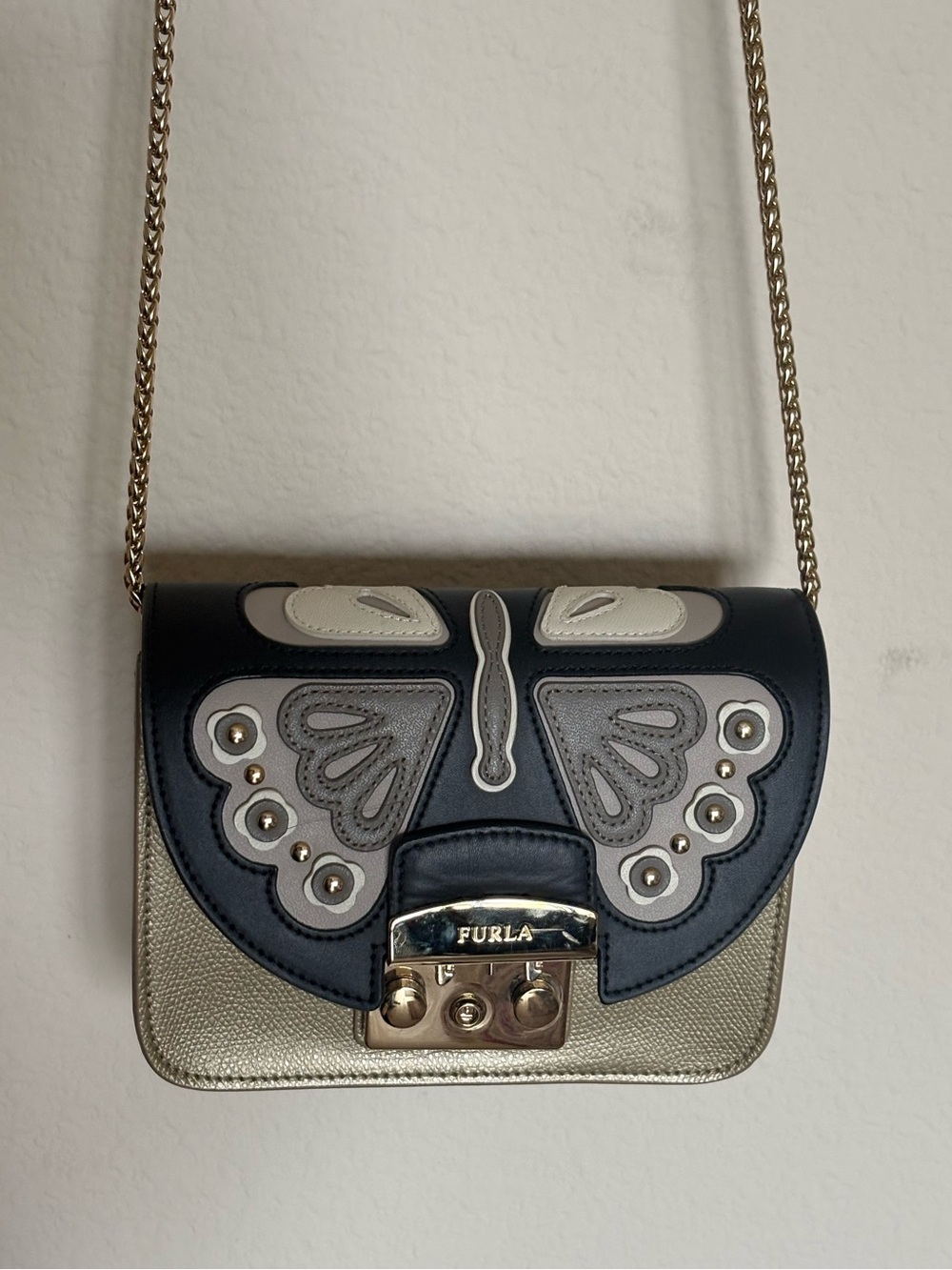 Furla Metallic Gold Crossbody Bag with 2 Flap Options (Butterfly & Red)